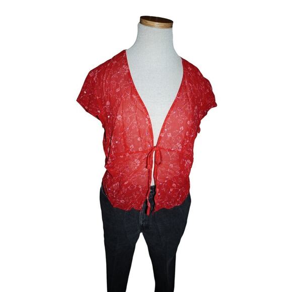 Ann Taylor Silk Blouse Women’s Size 10 Red Floral Tie Front Sheer Top Short Slee - Picture 5 of 12